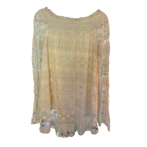 Band of Gypsies Lace Mini Dress Size 10 Smocked Off Shoulder Long Sleeve Ivory - Picture 2 of 8